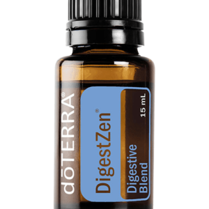 A bottle of DigestZen essential oil used in physical therapy.