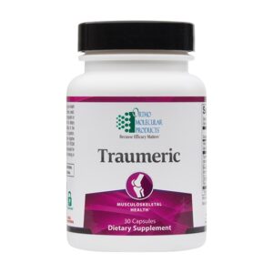 A bottle of Traumeric (30 ct) used in physical therapy with a white background.